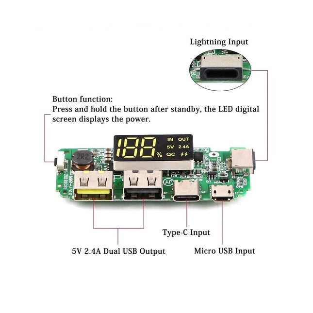 وحدة شحن بطارية ليثيوم 18650 بجهد 5 فولت و 2.4 أمبير وشاشة رقمية، مع مخرج USB مزدوج ووحدة تعزيز شاشة العرض