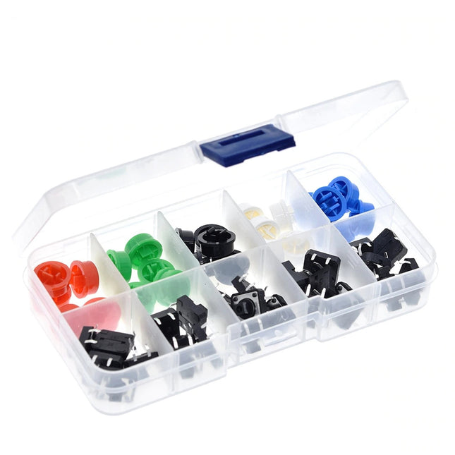 Tactile Push Button Switch Kit with Multi-Color Caps & Component Storage Box #D4