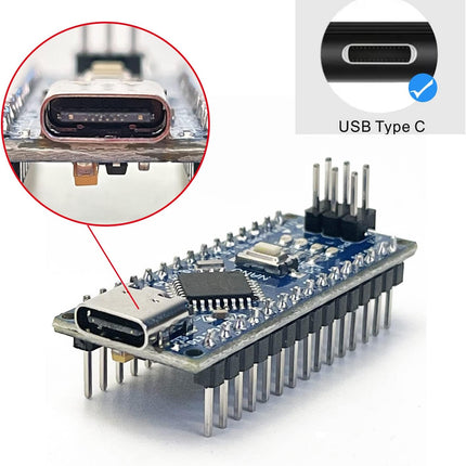 بۆردی گەشەپێدانی نانۆ V3.0 ATmega328P 5V 16MHz CH340 - ڕووکاری تایپ-سی لەگەڵ وایەری سپی ٣٠سم #C5.2