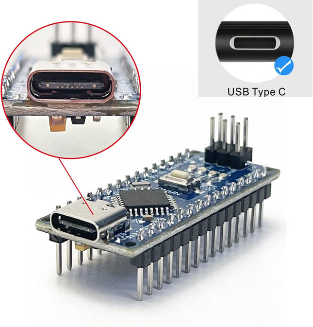 لوحة تطوير نانو V3.0 ATmega328P 5V 16MHz CH340 - واجهة Type-C مع كابل أبيض بطول 30 سم كومبو #C5.2