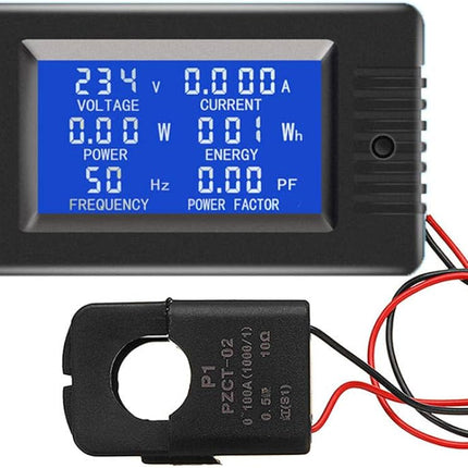 PZEM-022 100A پێوەری مۆنیتەری هێزی شاشەی دیجیتاڵی AC - پەنێڵی ڤۆڵتمیتەر و ئامپێرمیتەر و وزە و فاکتەری فریکوێنسی لەگەڵ CT داخراو #185