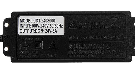 Black electronic power supply with specifications on a white background