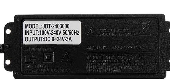 Black electronic power supply with specifications on a white background