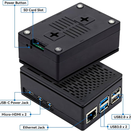 قاپێکی ڕەشی ڕەنگاوڕەنگی ABS بۆ Raspberry Pi 5، لەگەڵ ساردکەرەوەکانی PWM گونجاوە؟ شاشەی 3.5 ئینچی هەستیار بە دەستلێدان