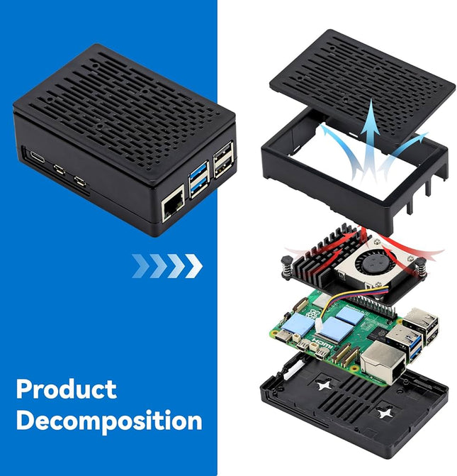 علبة سوداء مخططة من ABS لجهاز Raspberry Pi 5، متوافقة مع مبردات PWM؟ شاشة لمس 3.5 بوصة
