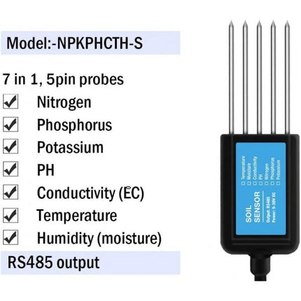 مستشعر التربة المتكامل بكابل 2 متر 5 دبابيس للمجسات مخرج RS485 درجة الحرارة + الرطوبة + التوصيل الكهربائي + NPK + الأس الهيدروجيني #35