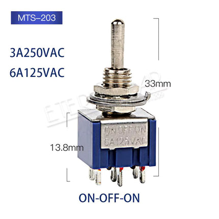 3-پین SPDT ON-OFF-ON 6A 125VAC گۆڕاڵۆکی بچووکی سویچ #D3
