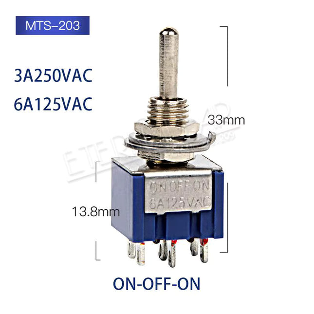 3-پین SPDT ON-OFF-ON 6A 125VAC گۆڕاڵۆکی بچووکی سویچ #D3