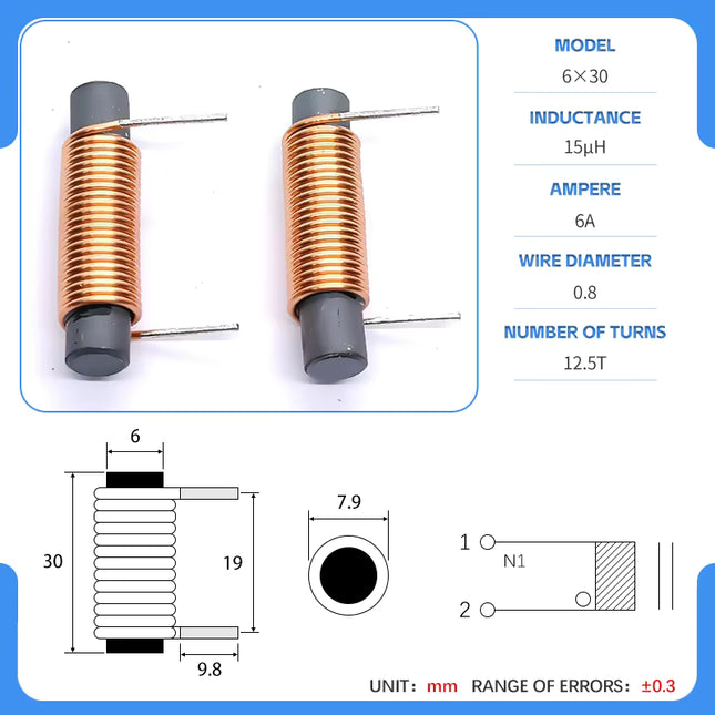 15µH 6×30mm محث قضيب مغناطيسي أفقي سلك 0.8 مم 21.5 لفة #B4.2
