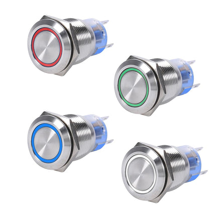 مفتاح زر ضغط معدني مقاوم للماء 12 ملم مع ضوء حلقي LED (قفل ذاتي / تشابك - 12 فولت-24 فولت)#109