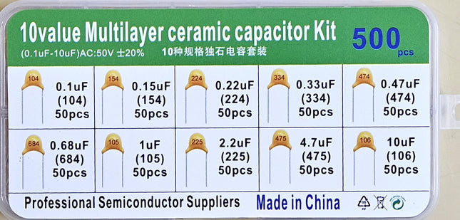 10 Values Multilayer Ceramic Capacitor Kit (0.1uF–10uF) (AC50v ,-+20%) 500PCS  #B4.2